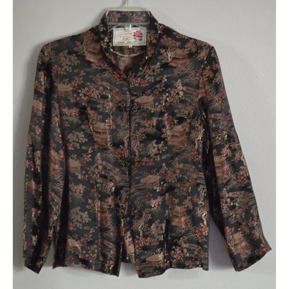 Peony Brand Shanghai Brocade Satin Pagoda Floral Jacket Small Frog Closure‎ Vtg